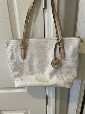 Michael Kors White Pebbled Leather Tote with Beige Straps